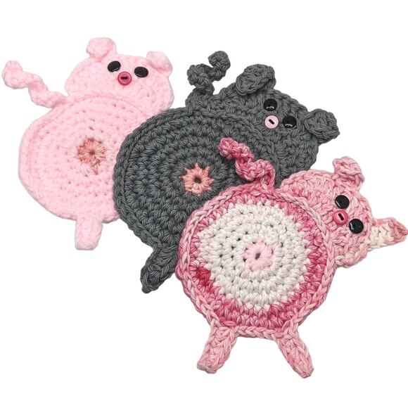 Hand Crafted Pig Butt Coasters Set of Four Crochet Peeking Piggy Table Mug Rug - Picture 1 of 11